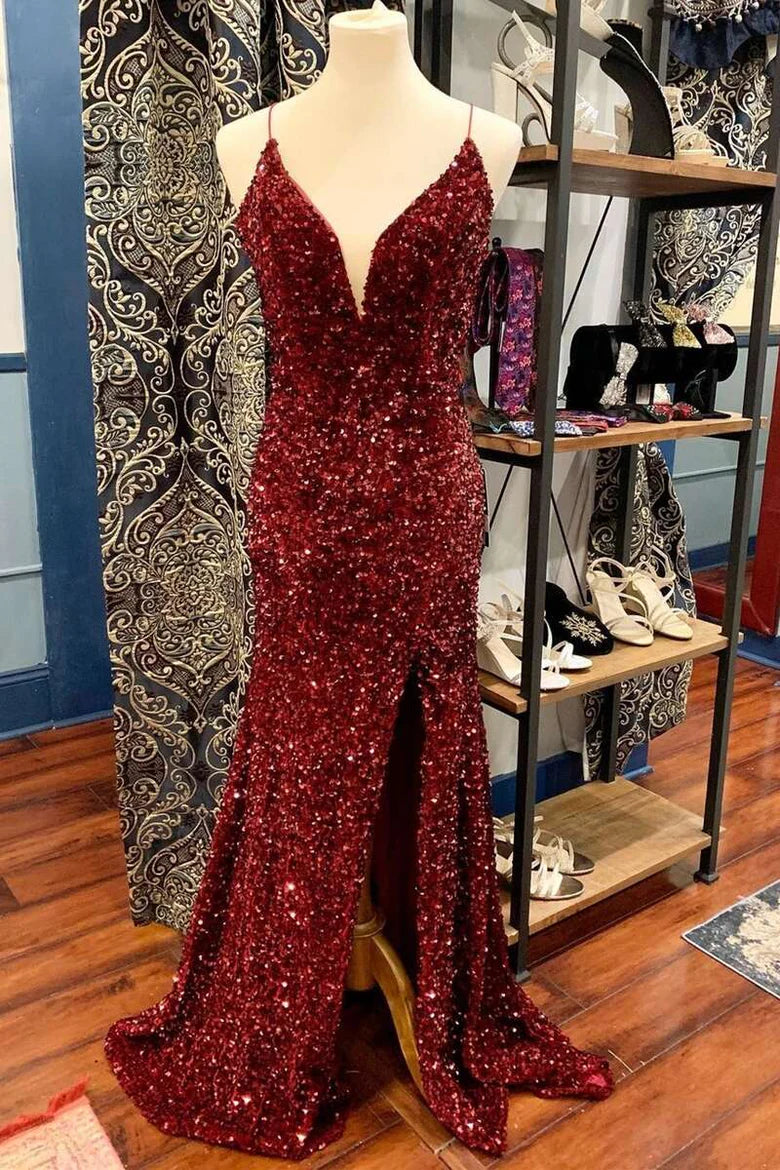 Sequin V-Neck Straps Mermaid Long Prom Dress with Slit