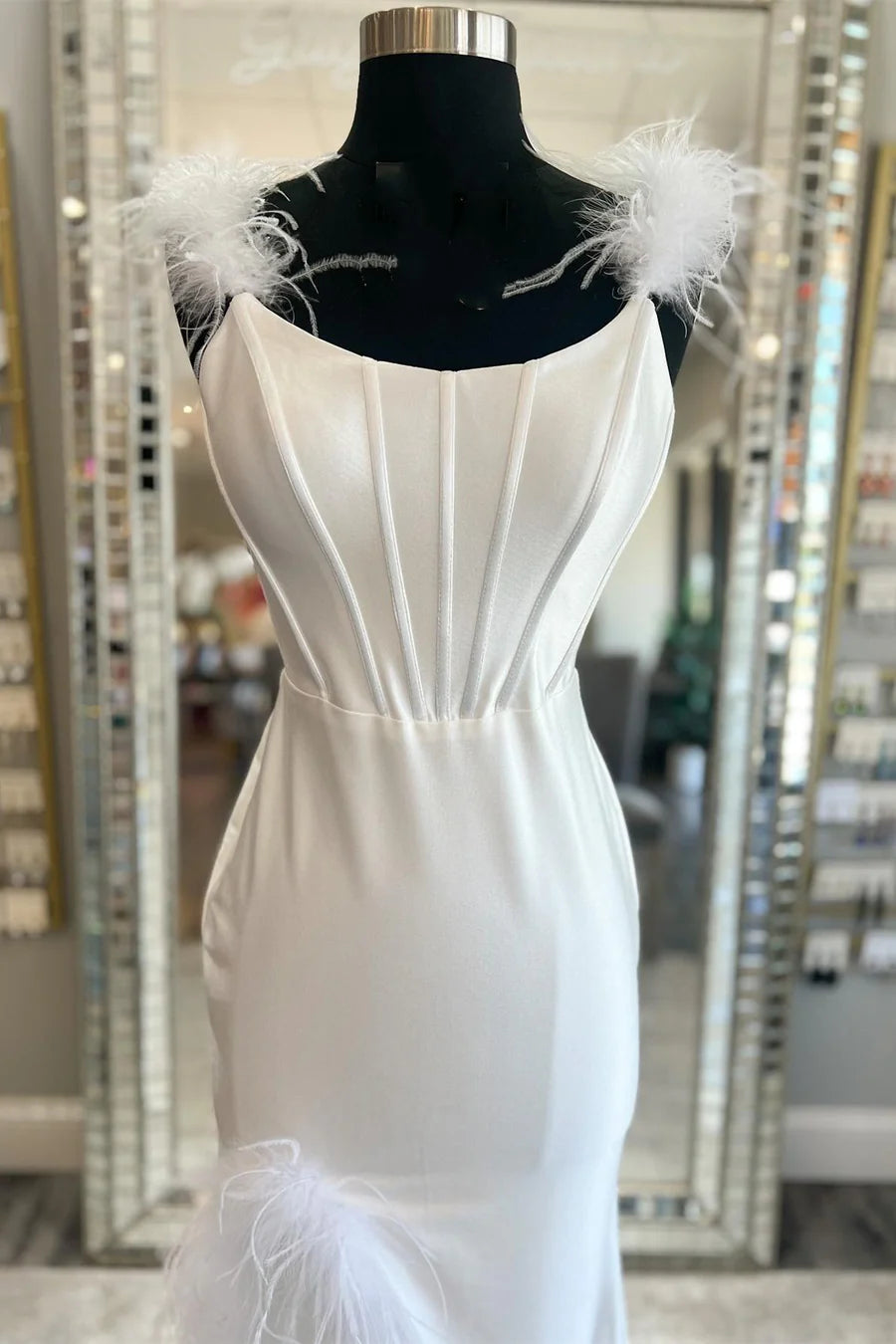 Feather Round Neck Mermaid Long Formal Dress with Slit