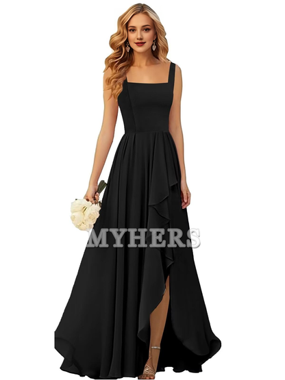 Elegant Simple Ruffle Square Neck Side Fork Long Bridesmaid Dresses Wedding Guests Dresses