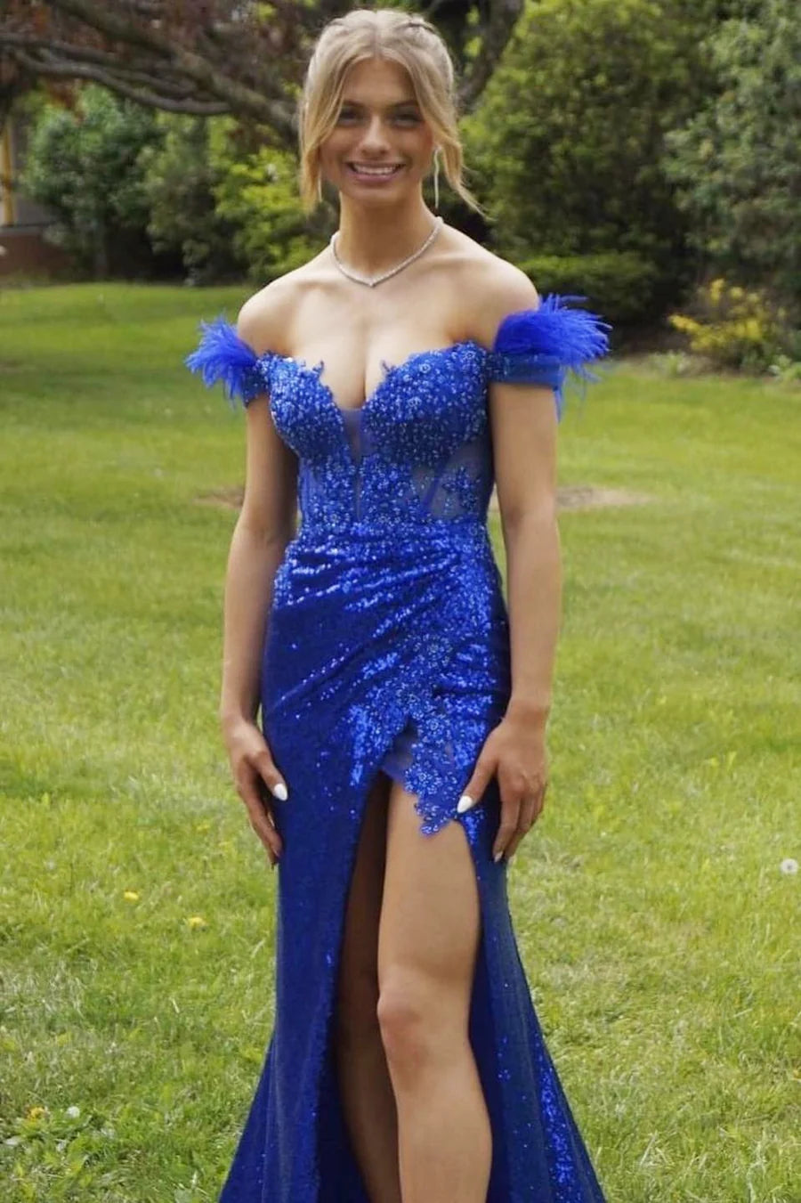 Deep Off-the-Shoulder Feathers Sequins Long Prom Dress with Slit