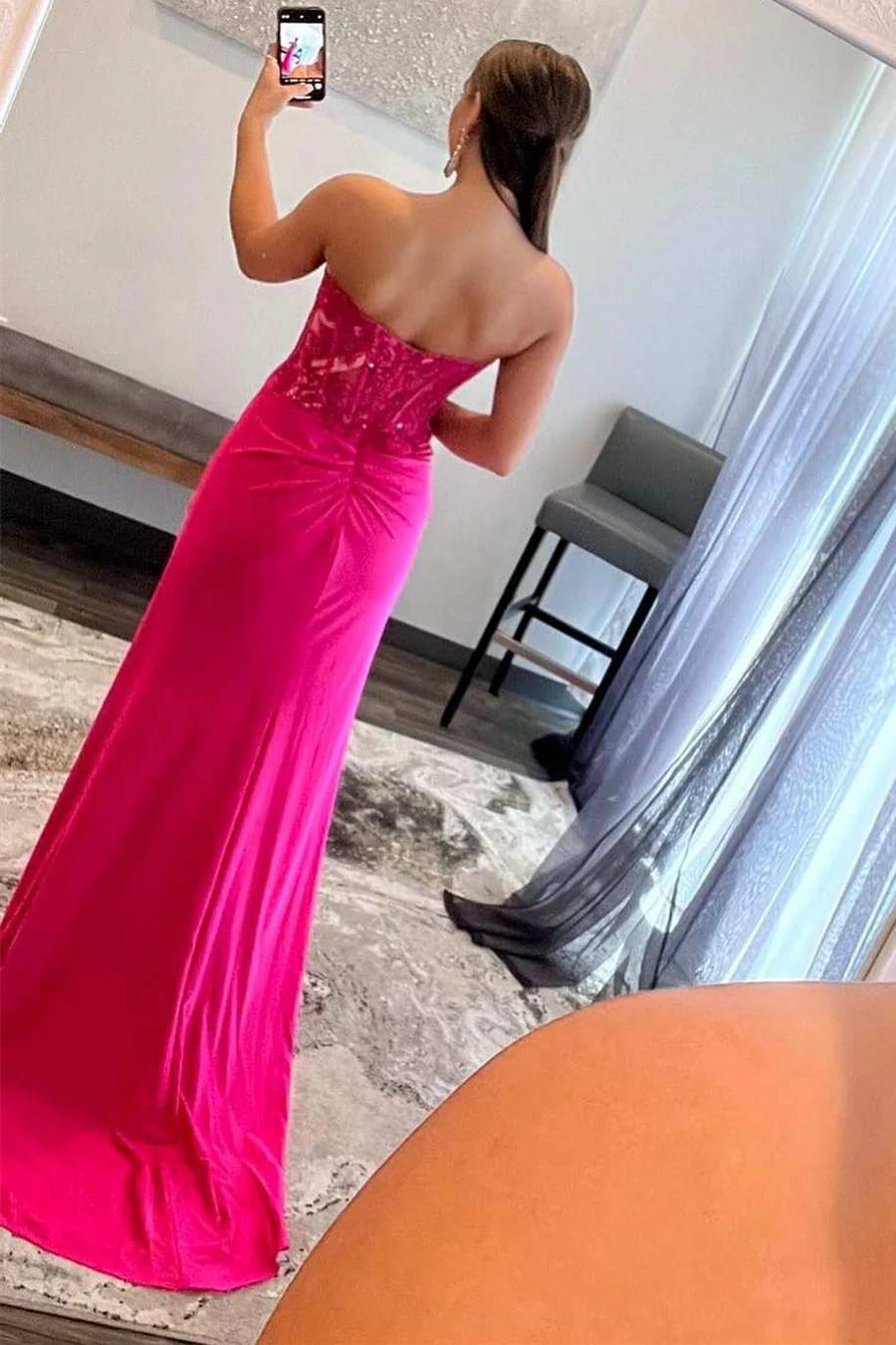 Lace Strapless Sheath Dress with Slit