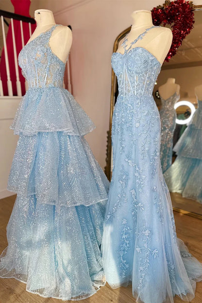 Halter Flower Straps Appliques Mermaid Long Prom Dress