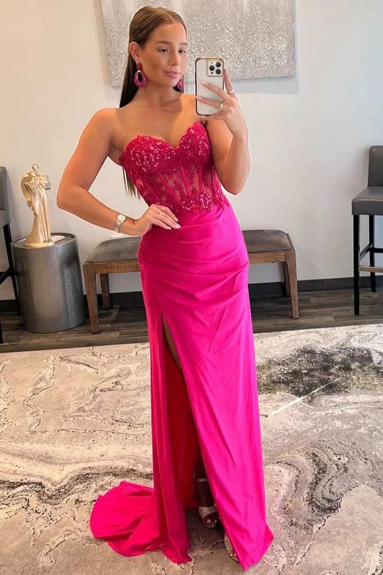 Lace Strapless Sheath Dress with Slit