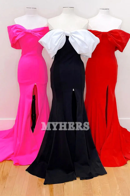 Formal Wear Dresses Wedding Guest Dresses Off-the-Shoulder Bow Mermaid Cultivate oneself Gown with Slit Elegant Exquisite Evening Dress