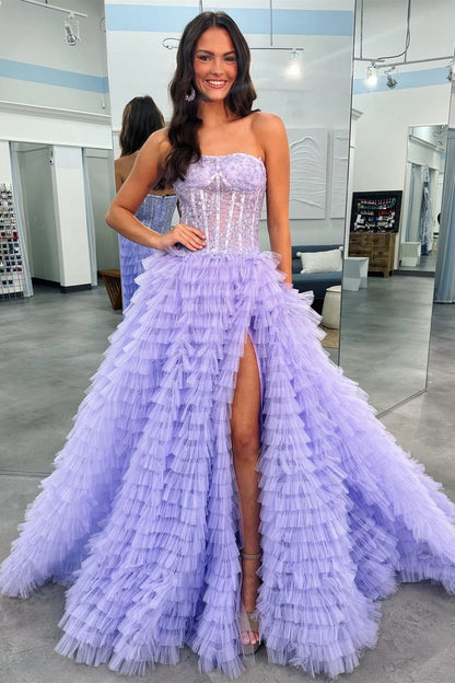Tiered  Strapless A-Line Prom Dress with Slit