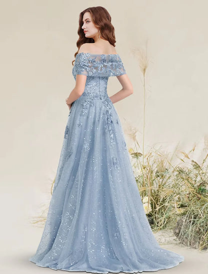 Prom Dresses Elegant Dress Wedding Guest Sweep / Brush Train Sleeveless Off Shoulder Lace with Pleats