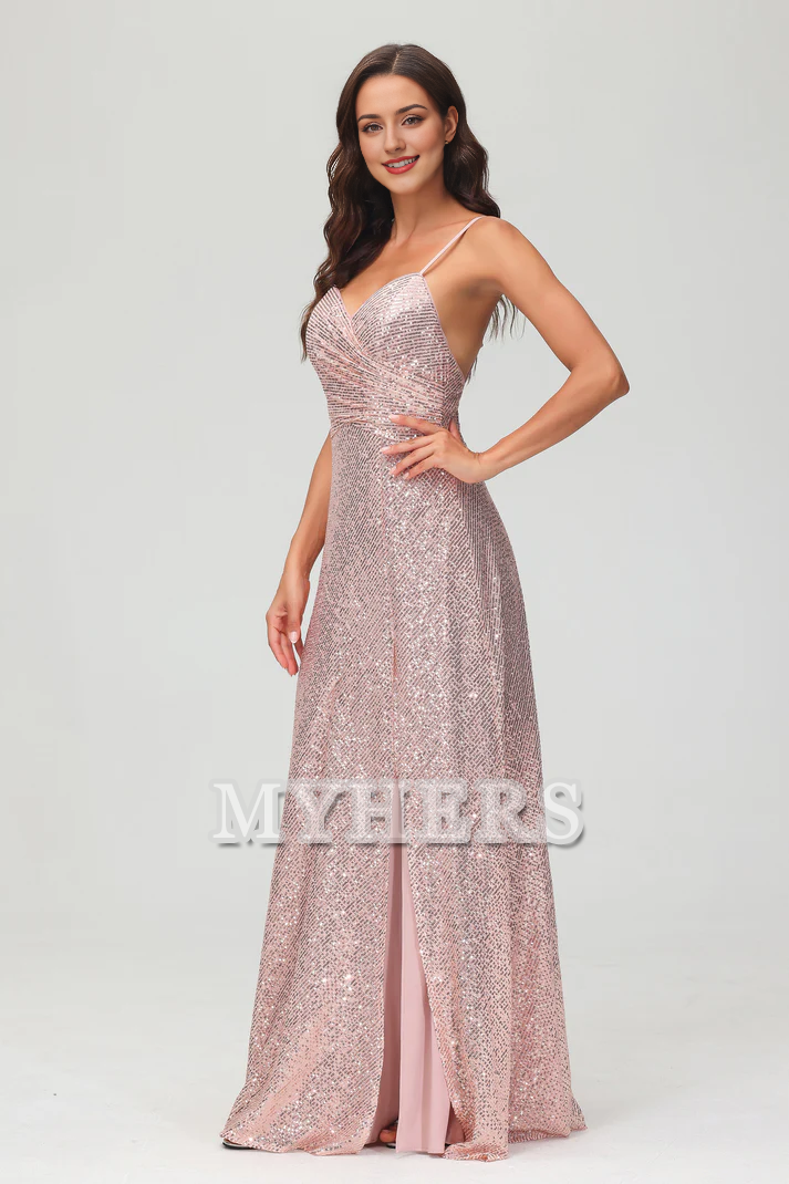 Formal Women's Dresses Sweetheart Spaghetti Straps Sequins Sheath Backless Long Dress Side Fork Floor-Length Charming Evening Dress