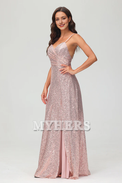 Formal Women's Dresses Sweetheart Spaghetti Straps Sequins Sheath Backless Long Dress Side Fork Floor-Length Charming Evening Dress