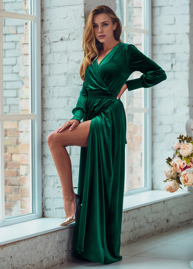 Wrap Longuette Velvet Dress V Neck Long Sleeves Formal Wear Dresses Wedding Guest Dress Evening Dress