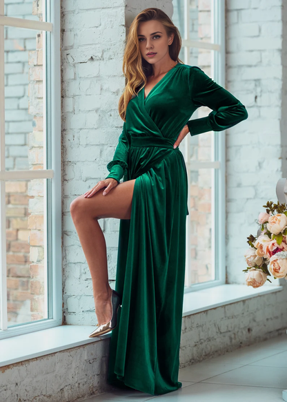Wrap Longuette Velvet Dress V Neck Long Sleeves Formal Wear Dresses Wedding Guest Dress Evening Dress