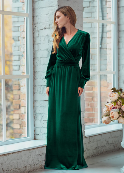 Wrap Longuette Velvet Dress V Neck Long Sleeves Formal Wear Dresses Wedding Guest Dress Evening Dress