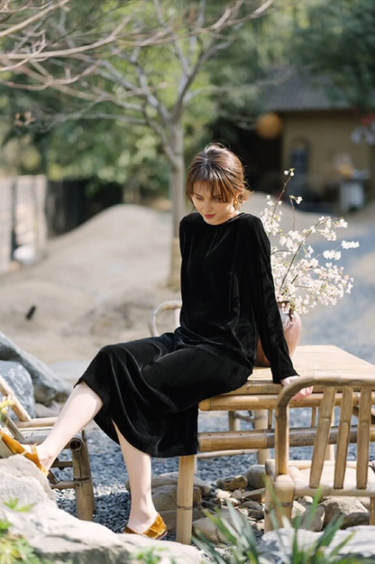 Loose Vintage Velvet Dress Casual Dress Round Neck Long Sleeves Formal Wear Dresses Wedding Guest Dress Evening Dress