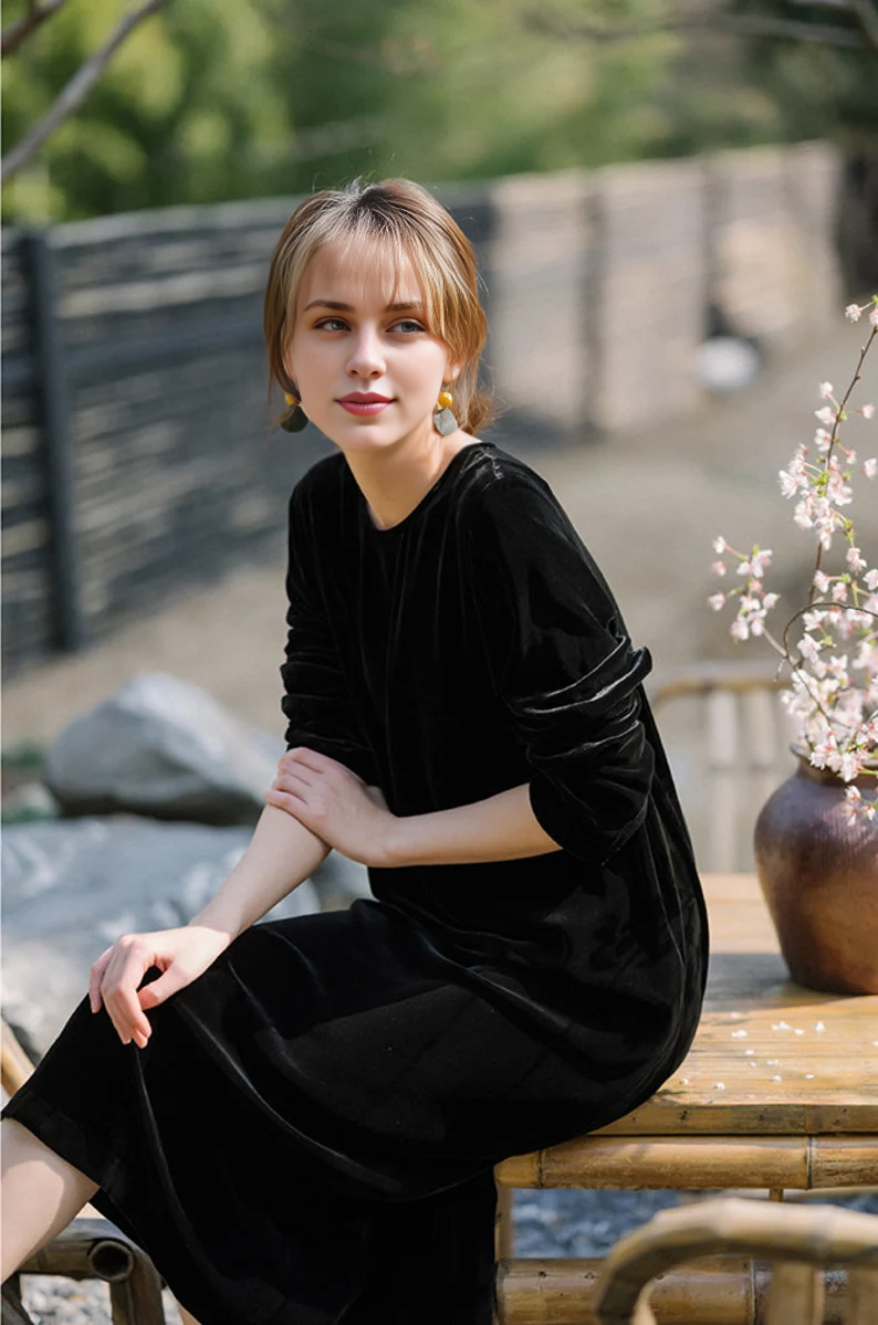 Loose Vintage Velvet Dress Casual Dress Round Neck Long Sleeves Formal Wear Dresses Wedding Guest Dress Evening Dress