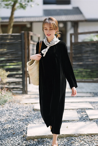 Loose Vintage Velvet Dress Casual Dress Round Neck Long Sleeves Formal Wear Dresses Wedding Guest Dress Evening Dress