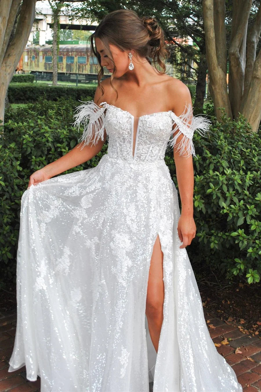 Sequin Feather Off-the-Shoulder Lace-Up A-Line Prom Dress
