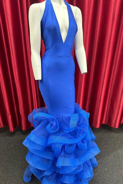 Halter Tiered Trumpet Long Formal Dress with Ruffles