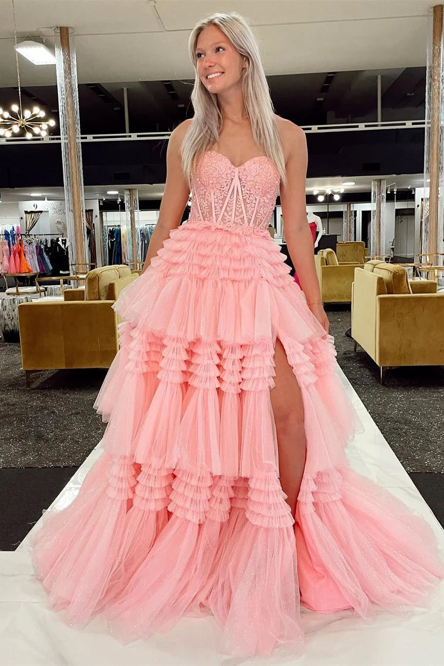 Tulle Sweetheart Tiered A-Line Long Prom Dress with Ruffles