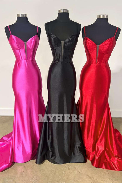 Formal Wear Dresses Sweetheart Spaghetti Strap Satin Mermaid Cultivate oneself Long Prom Dress Sweep Train Evening Dress