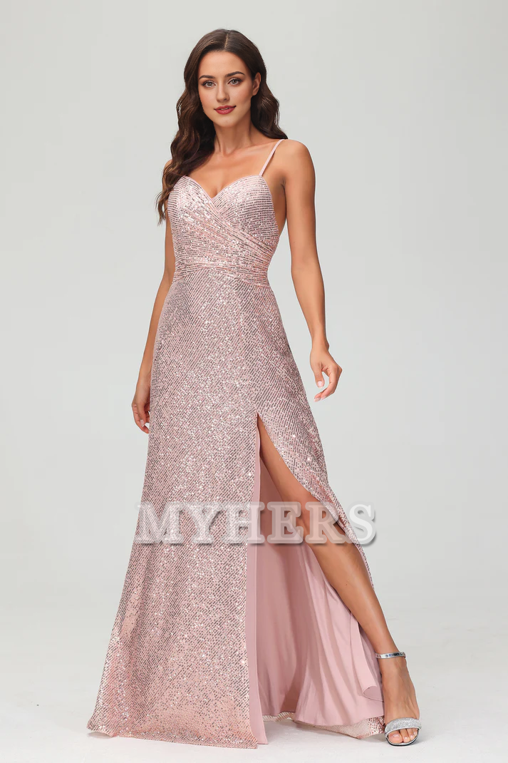 Formal Women's Dresses Sweetheart Spaghetti Straps Sequins Sheath Backless Long Dress Side Fork Floor-Length Charming Evening Dress