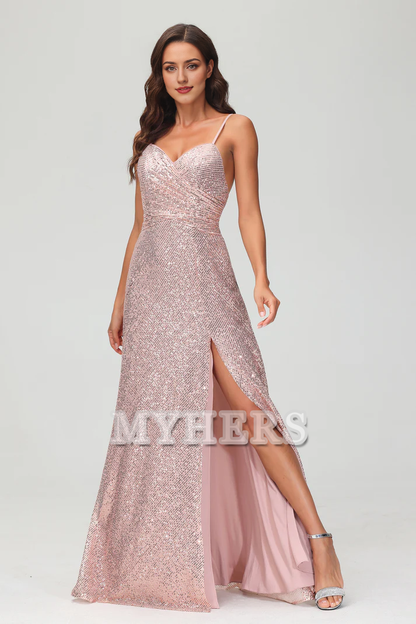 Formal Women's Dresses Sweetheart Spaghetti Straps Sequins Sheath Backless Long Dress Side Fork Floor-Length Charming Evening Dress