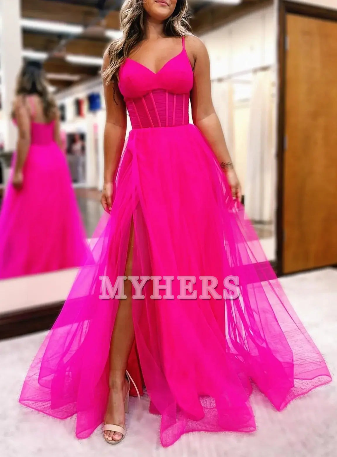 Formal Women's Dresses Wedding Guest Dresses A-Line V-Neck Sheer Bodice Long Romantic Prom Dress Side Fork Youthful Evening Dress