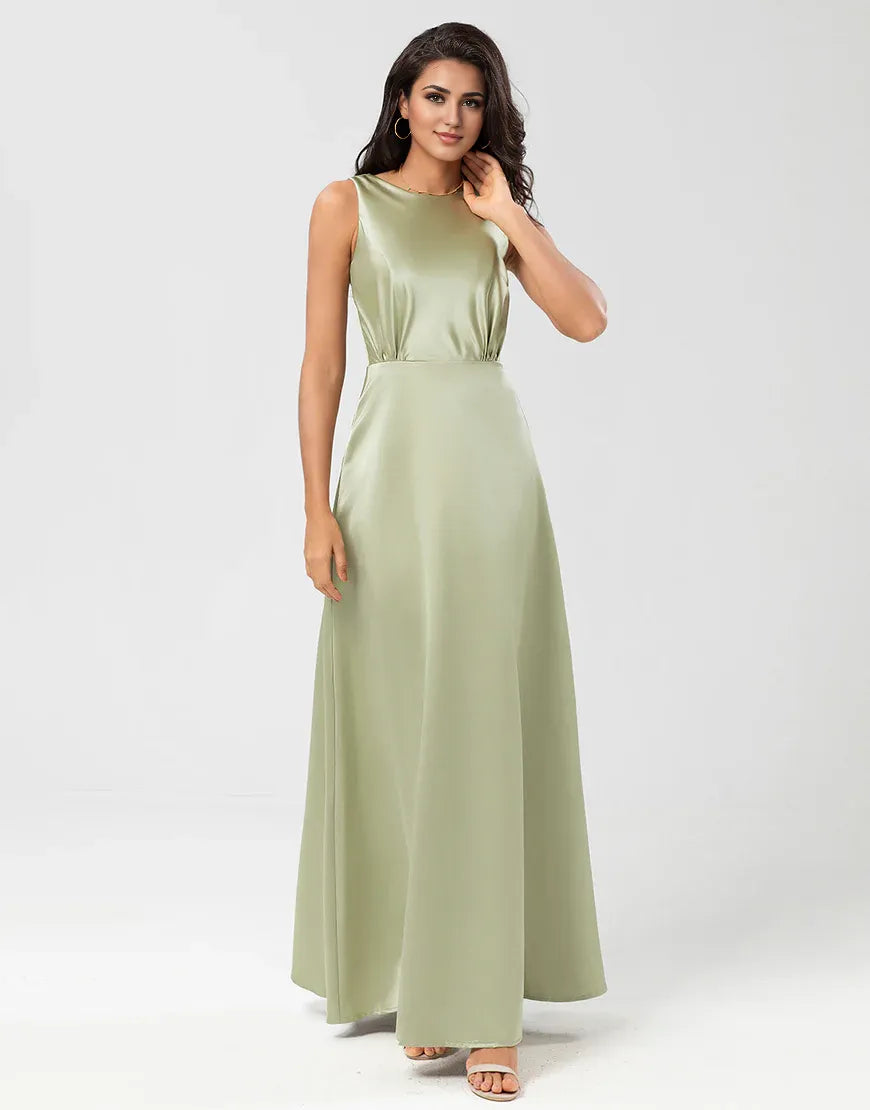 Satin Round Neck Green Sleeveless Bridesmaid Dress with Pleated