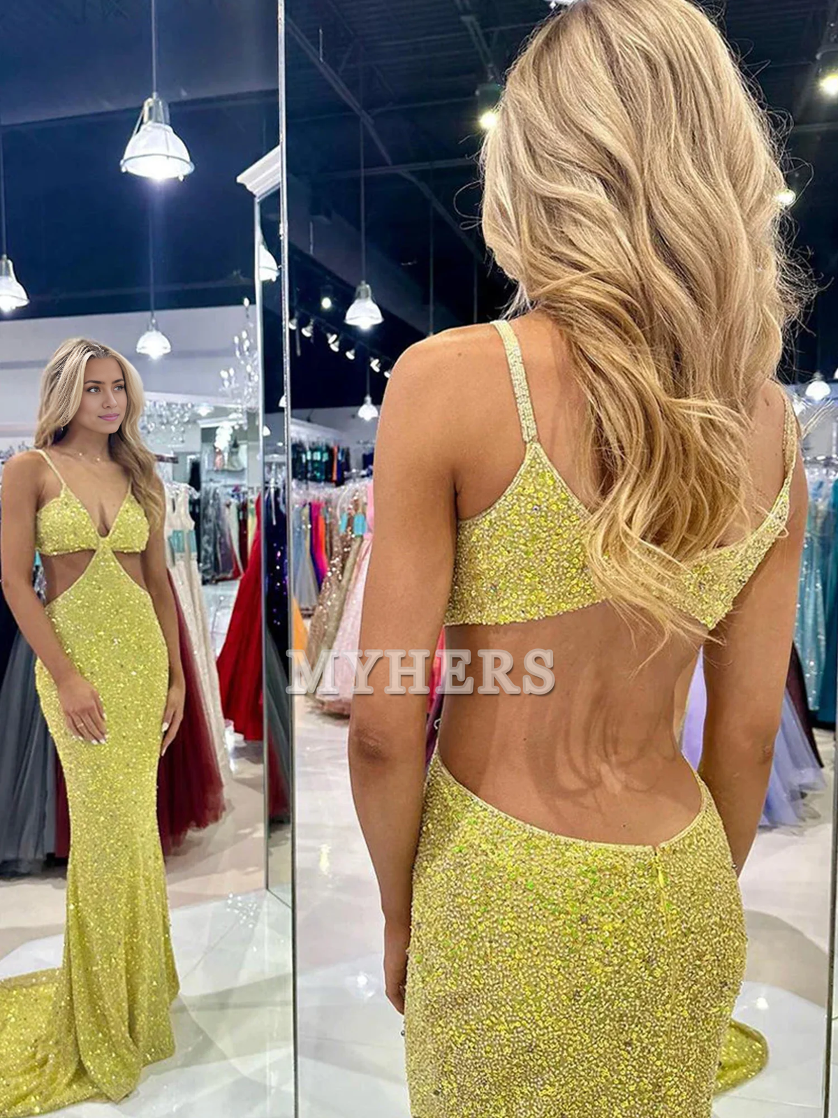 Formal Women's Dresses Wedding Guest Dresses Deep V Neck Spaghetti Strap Backless Sequins Cutout Long Prom Dresses Sexy Charming Evening Dress