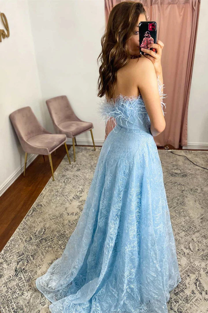 Feathers Lace Strapless A-Line Prom Dress