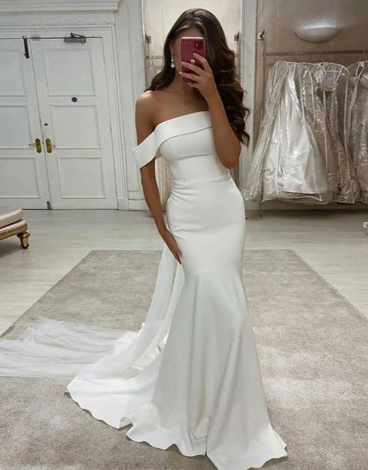 Off the Shoulder White Court Train Long Bridal Dress