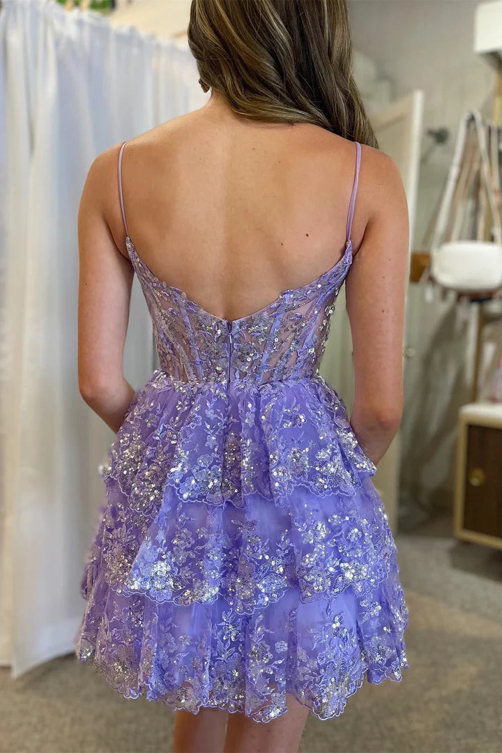 Sequin Lace Corset Bodice Tiered Homecoming Dress