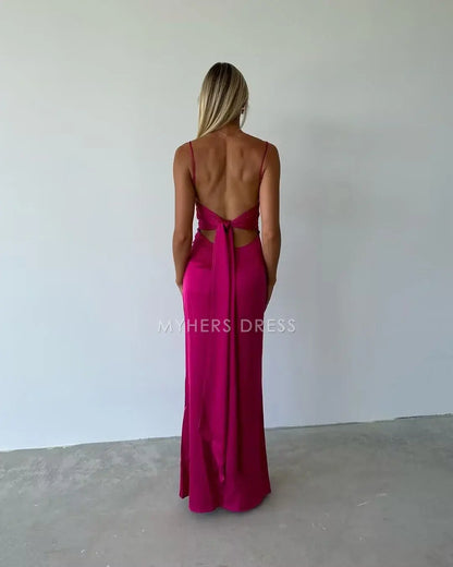 My Hers Prom Dress Satin Sheath Spaghetti Strap Sleeveless Backless Charming Exquisite Ladies Formal Dress