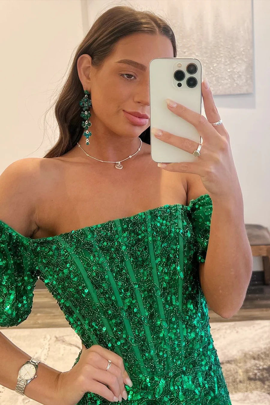 Sequin Off-the-Shoulder Long Formal Dress with Puff Sleeves and Slit