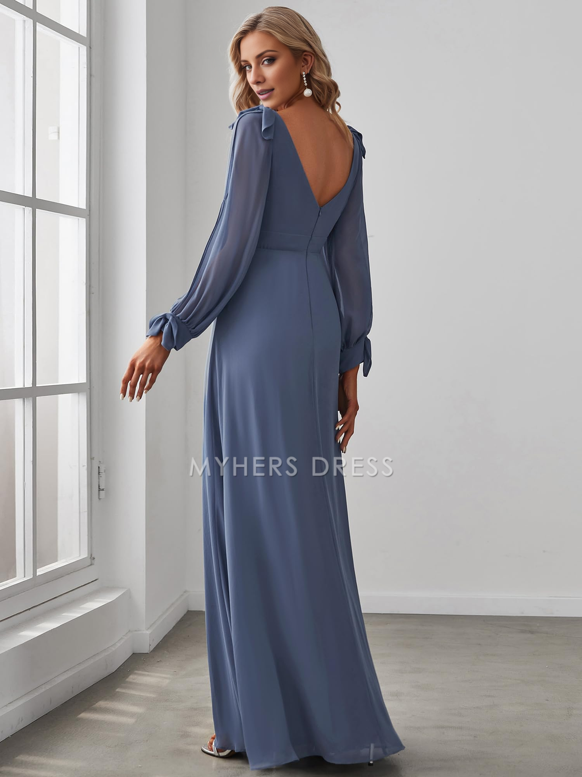 My Hers New Product Mother of The Bride Dress Elegant Double V Neck Hollowed-Out Long Sleeves High Waist Split Chiffon Wedding Guests Dresses