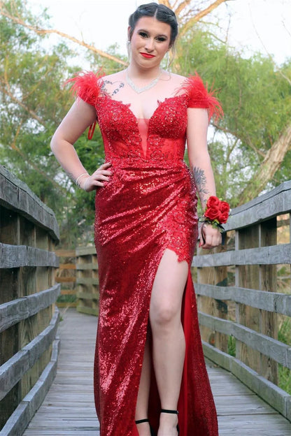 Deep Off-the-Shoulder Feathers Sequins Long Prom Dress with Slit