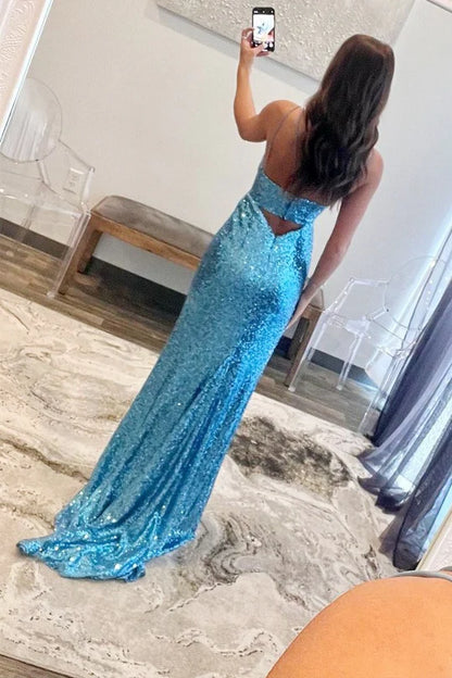 Sequin Keyhole Straps Mermaid Long Prom Dress with Slit