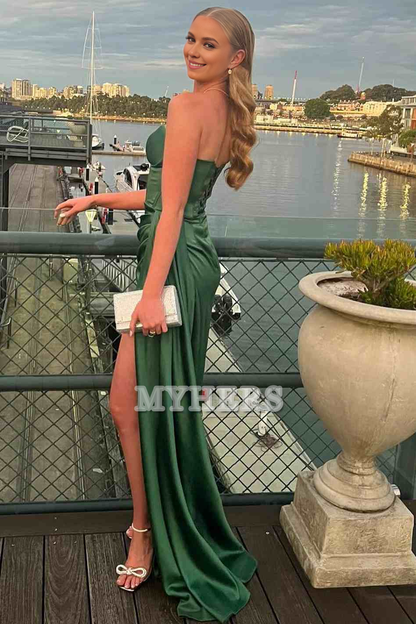Formal Wear Dresses Mermaid Strapless Sweetheart Pleated High Slit Satin Long Prom Dress Exquisite Evening Dress