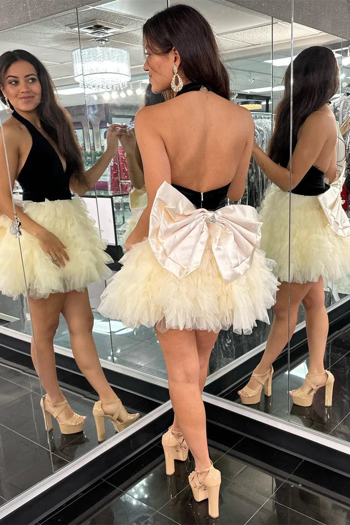 Halter Bow Back Ruffle Tiered Short Cocktail Dress
