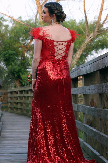 Deep Off-the-Shoulder Feathers Sequins Long Prom Dress with Slit