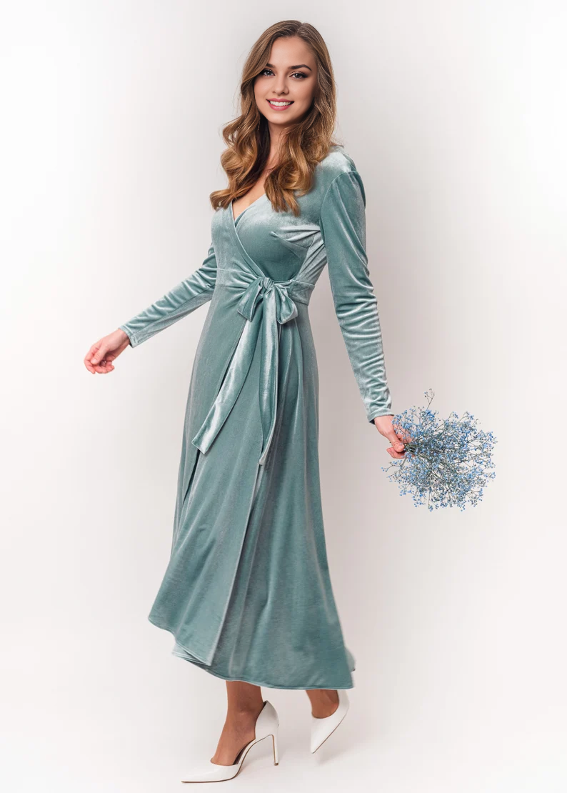 Wrap oneself up Velvet Dress Deep V Neck Long Sleeves Asymmetric Formal Wear Dresses Wedding Guest Dress Evening Dress