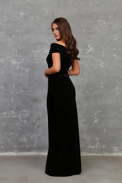 Long Off The Shoulder Velvet Dress Side Fork Formal Black Dresses Wedding Guest Dress Maxi Dress Evening Dress