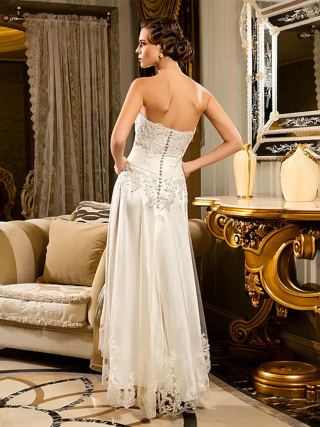 A-Line Wedding Dresses Strapless Asymmetrical Beaded Lace Strapless Vintage Illusion Detail with Appliques Button