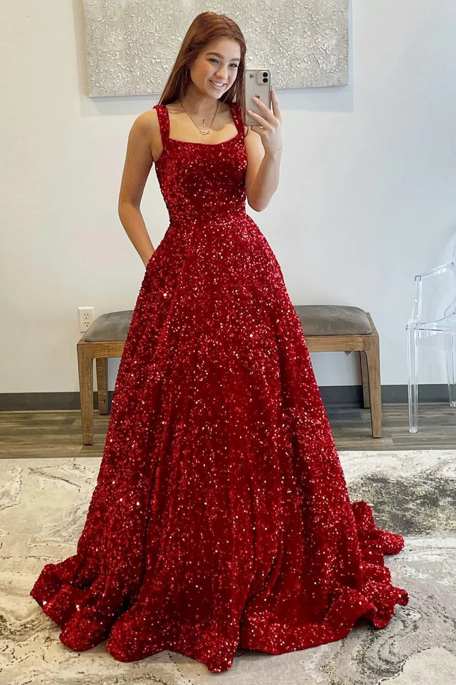 Sequin Square Neck Open Back Ball Gown