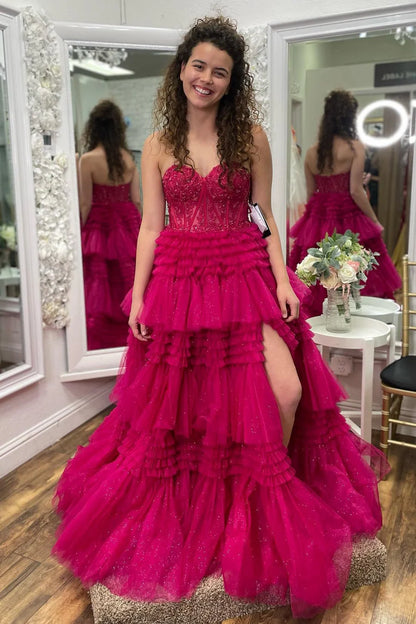 Tulle Sweetheart Tiered A-Line Long Prom Dress with Ruffles