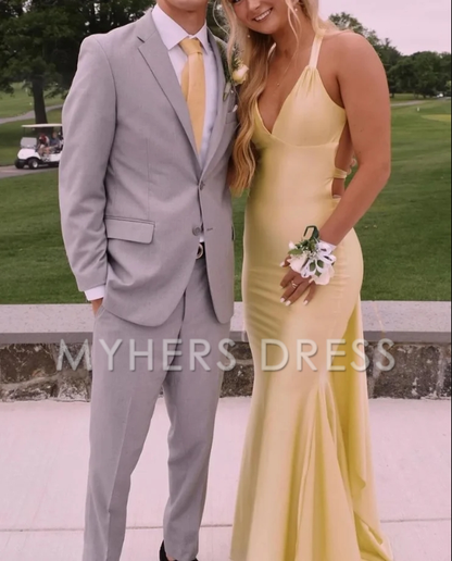 My Hers Ladies Formal Dress Sexy Mermaid V Neck Satin With Cross Back Prom Dress