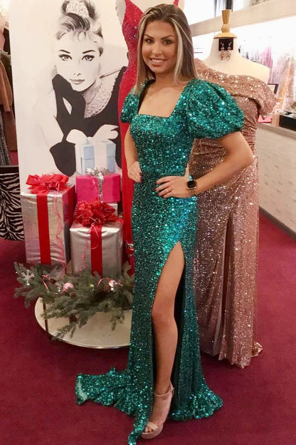 Sequin Square Neck Backless Mermaid Long Prom Dress