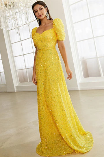 Sequin Sweetheart Puff Sleeve A-Line Prom Dress