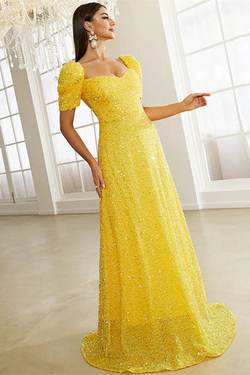 Sequin Sweetheart Puff Sleeve A-Line Prom Dress