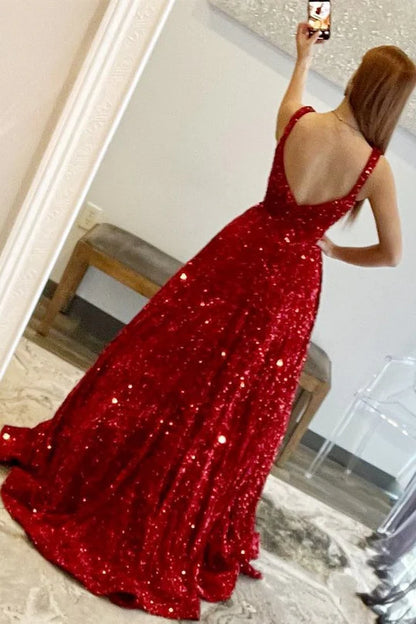 Sequin Square Neck Open Back Ball Gown