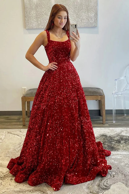 Sequin Square Neck Open Back Ball Gown