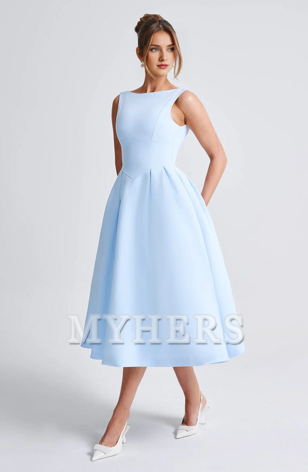 A Line High Wide Boat Neckline Sleeveless Backless Elegant Simple Dresses Bridesmaid Dresses Wedding Guests Dresses